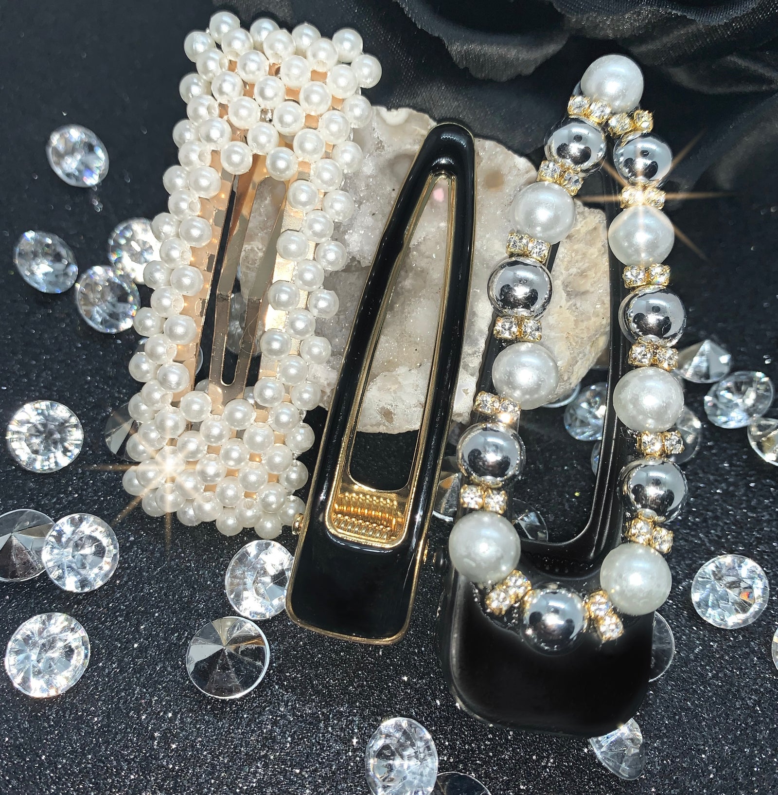 3 Pearl & Rhinestone barret set